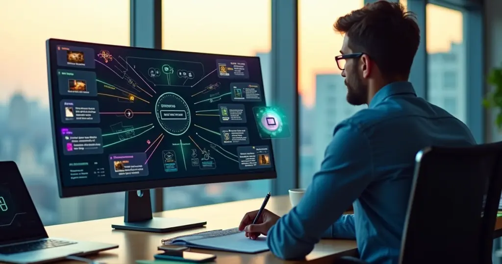 Profissional de marketing observa painel com assistente de IA omnichannel gerando conteúdos para vários canais