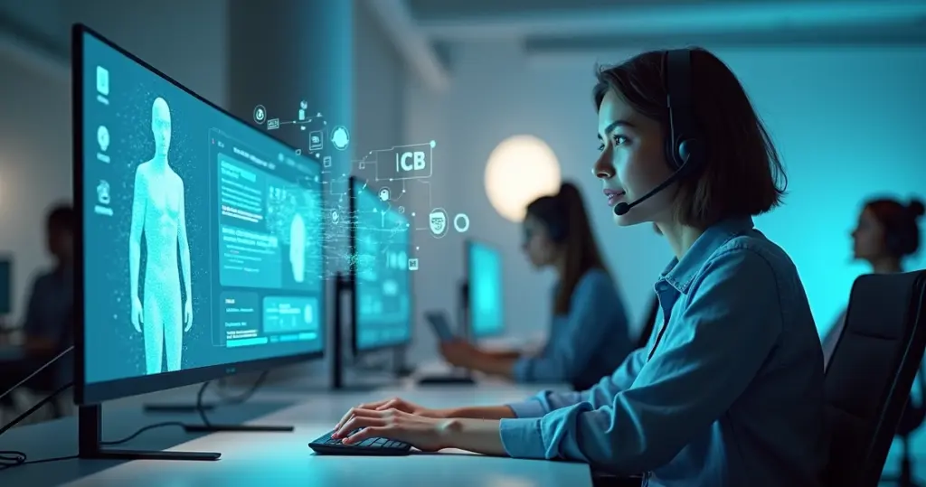 Atendente humano e assistente de IA colaborando em atendimento ao cliente