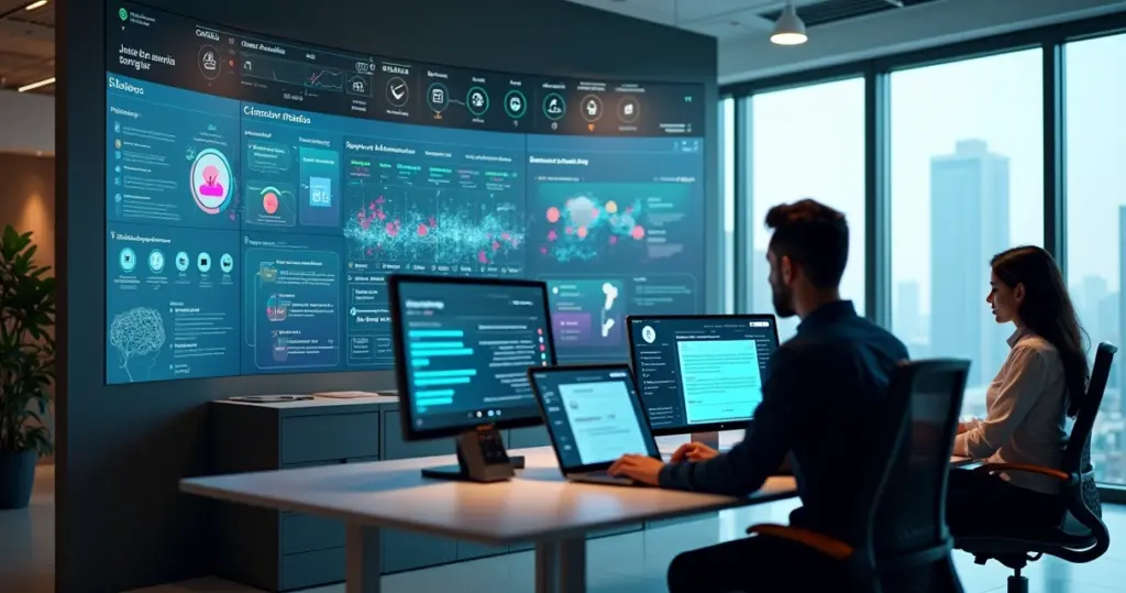 Equipe acompanhando painel com atendimento proativo por IA