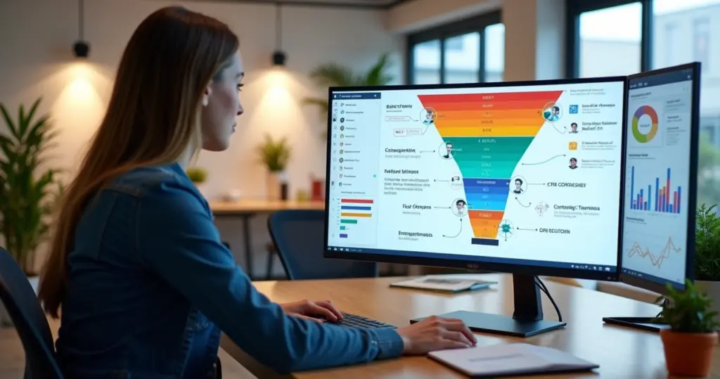 Profissional analisa funil de marketing com conteúdos personalizados na tela