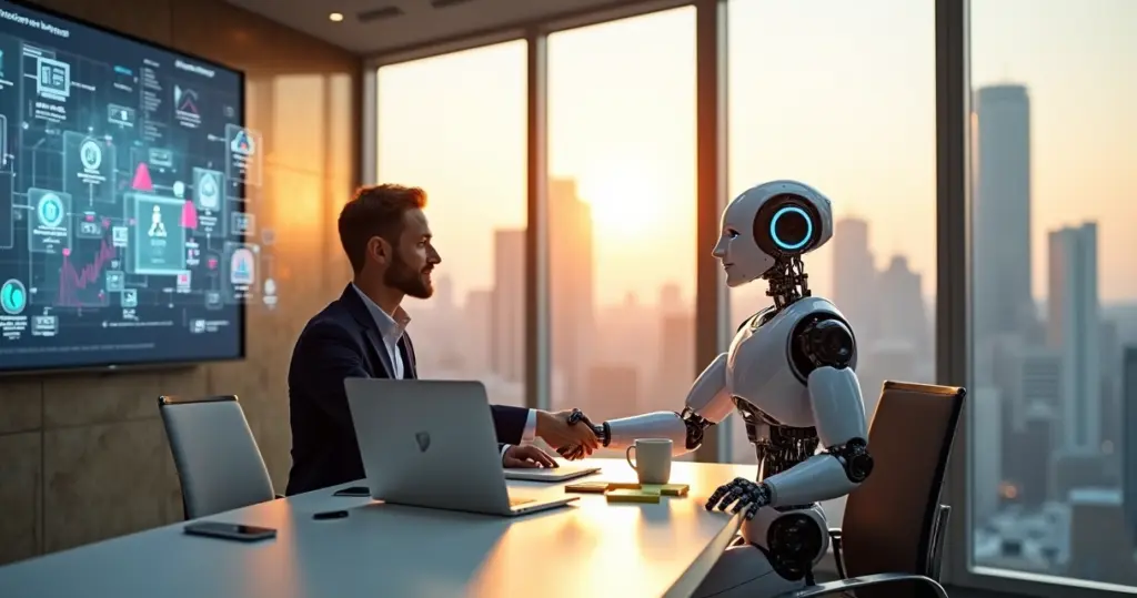 Profissional de vendas apertando a mão de um robô em um escritório moderno