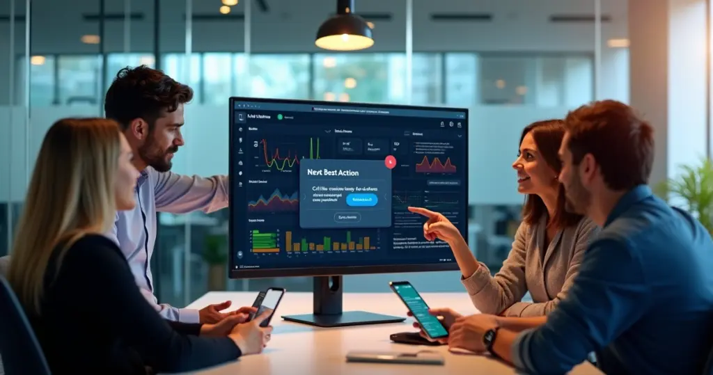 Vendedores recebendo recomendações de IA em telas e celular em ambiente de escritório moderno