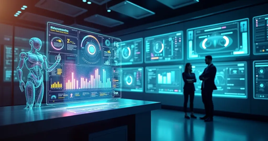 Painel futurista mostrando IA autônoma gerenciando vendas e pipeline de clientes