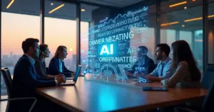 Executivos analisando painel digital que conecta termos de tecnologia e adoção de clientes