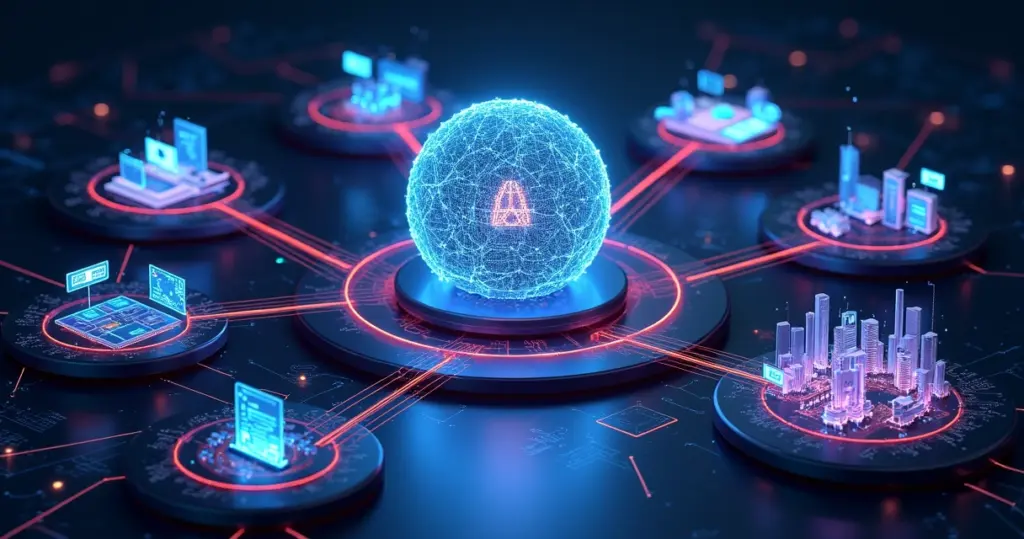 Conceito visual dos quatro pilares de sistemas de IA em torno de um grande modelo de linguagem