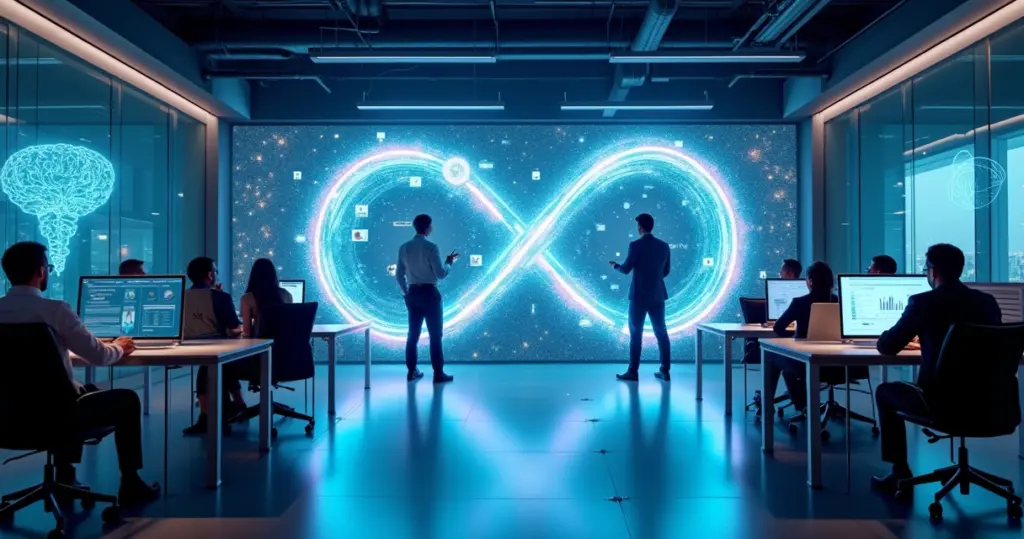 Conceito visual de loop de marketing com IA em 2026 conectando pessoas, dados e canais digitais