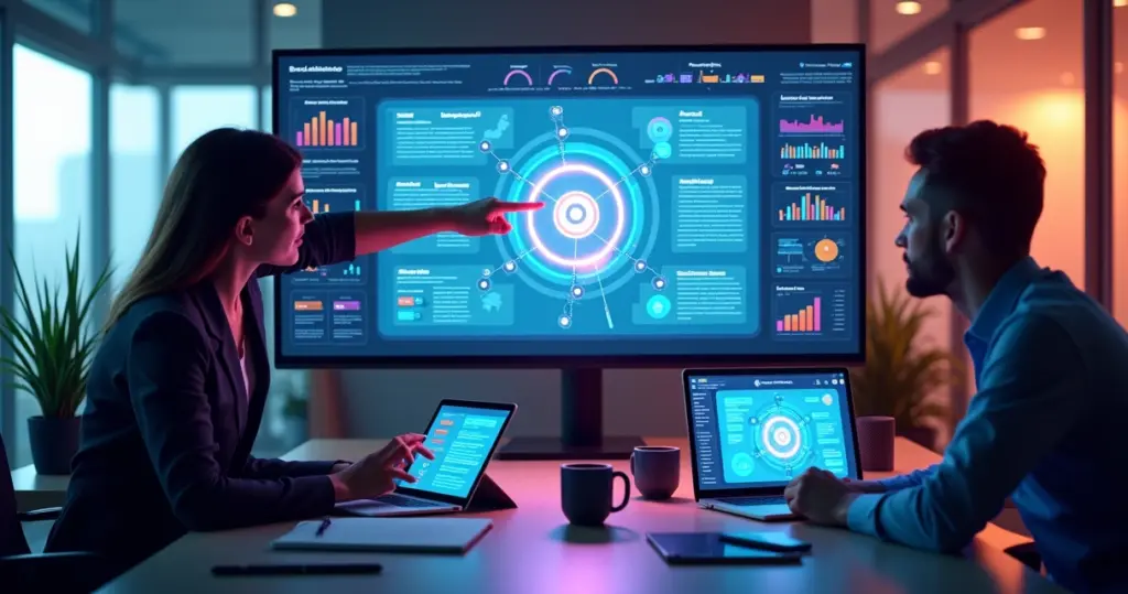 Equipe de marketing analisando painel com gráficos e ícones de IA