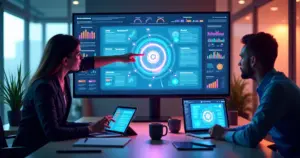 Equipe de marketing analisando painel com gráficos e ícones de IA