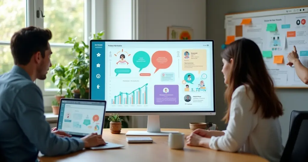 Equipe de pequena empresa usando computador com painel de IA no escritório