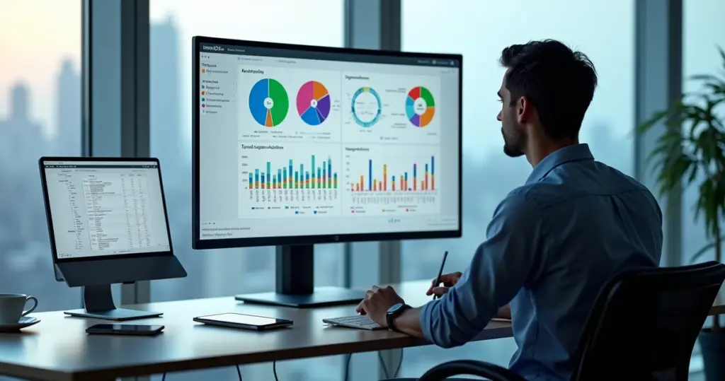 Profissional analisa painel de segmentação de marketing com inteligência artificial