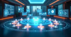 Painel holográfico exibindo ícones de 16 agentes de IA para marketing, vendas e atendimento ao cliente