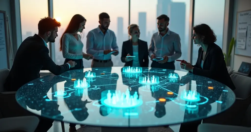 Executivos observam mesa de vidro com símbolos conectados de cliente equipe e parceiros