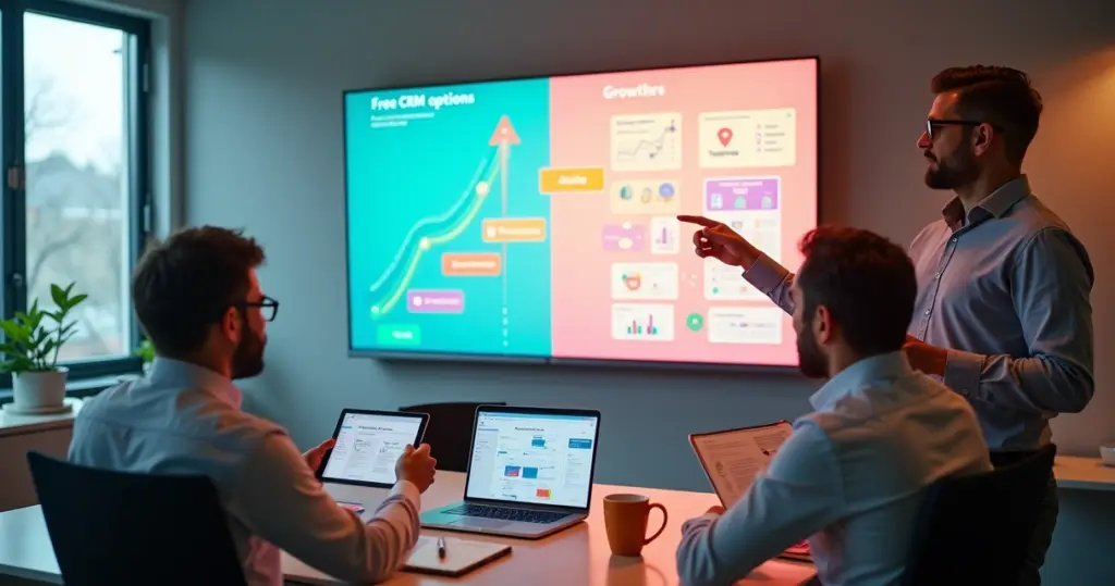 Duas pessoas analisam opções de CRM em grande painel em formato de trilhas de escolha