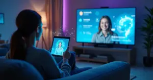 Cliente sentado em sala futurista sendo atendido por atendente humano e avatar de IA flutuante