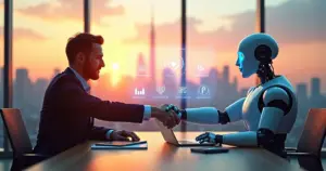 Vendedor em mesa de reuniões apertando a mão de um robô em ambiente futurista de vendas