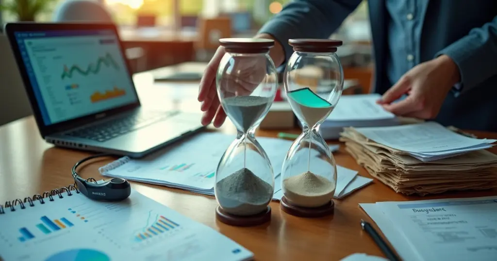 Vendedor cercado por papelada enquanto um relógio de areia gigante divide tempo entre venda e tarefas administrativas